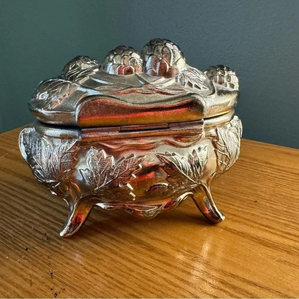 Antique Jewelry Casket Gilded Pine Cone Marked 96 Silver Color Art Nouveau